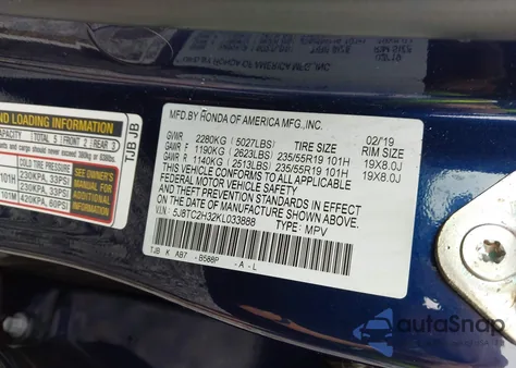 2019 Acura Rdx Standard from USA, damaged, VIN 5J8TC2H32KL033888